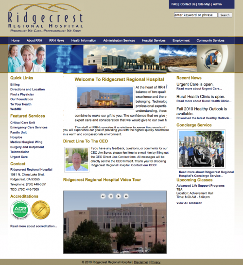 A Screenshot of the Ridgecrest Regional Hospital Website